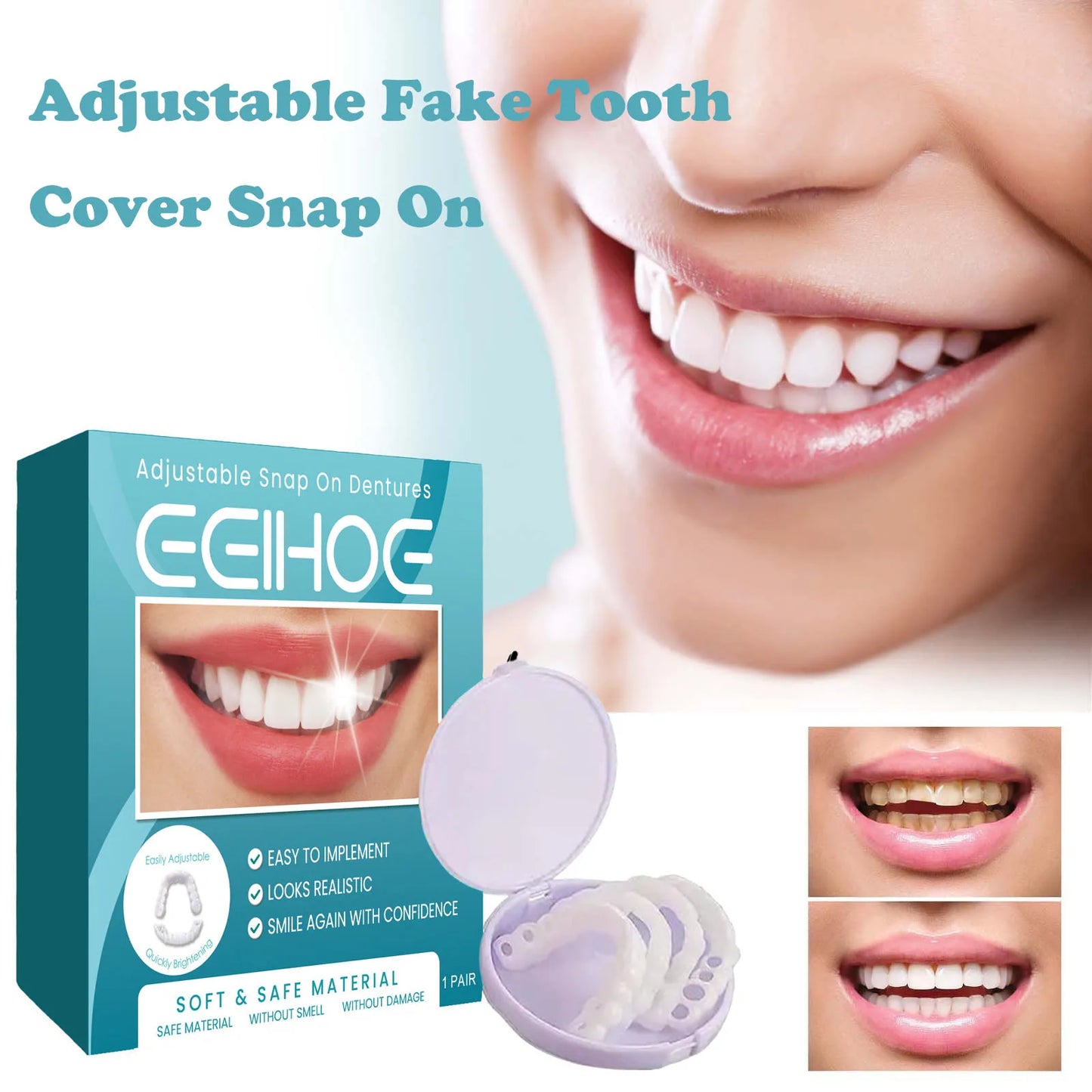 Eelhoe 1pair Instant Perfect Fit Fake Teeth Cover Snap On Whiten Tooth Temporary Perfect Smile Adjustable Dentures Teeth Set