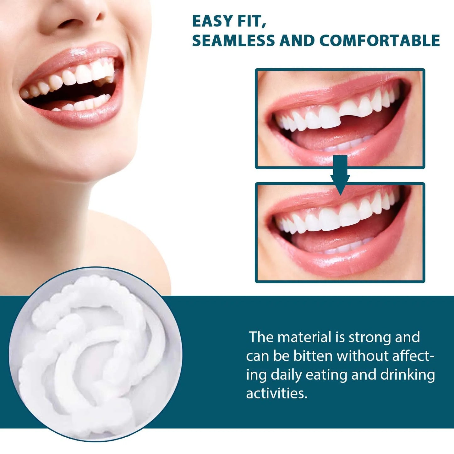 Eelhoe 1pair Instant Perfect Fit Fake Teeth Cover Snap On Whiten Tooth Temporary Perfect Smile Adjustable Dentures Teeth Set