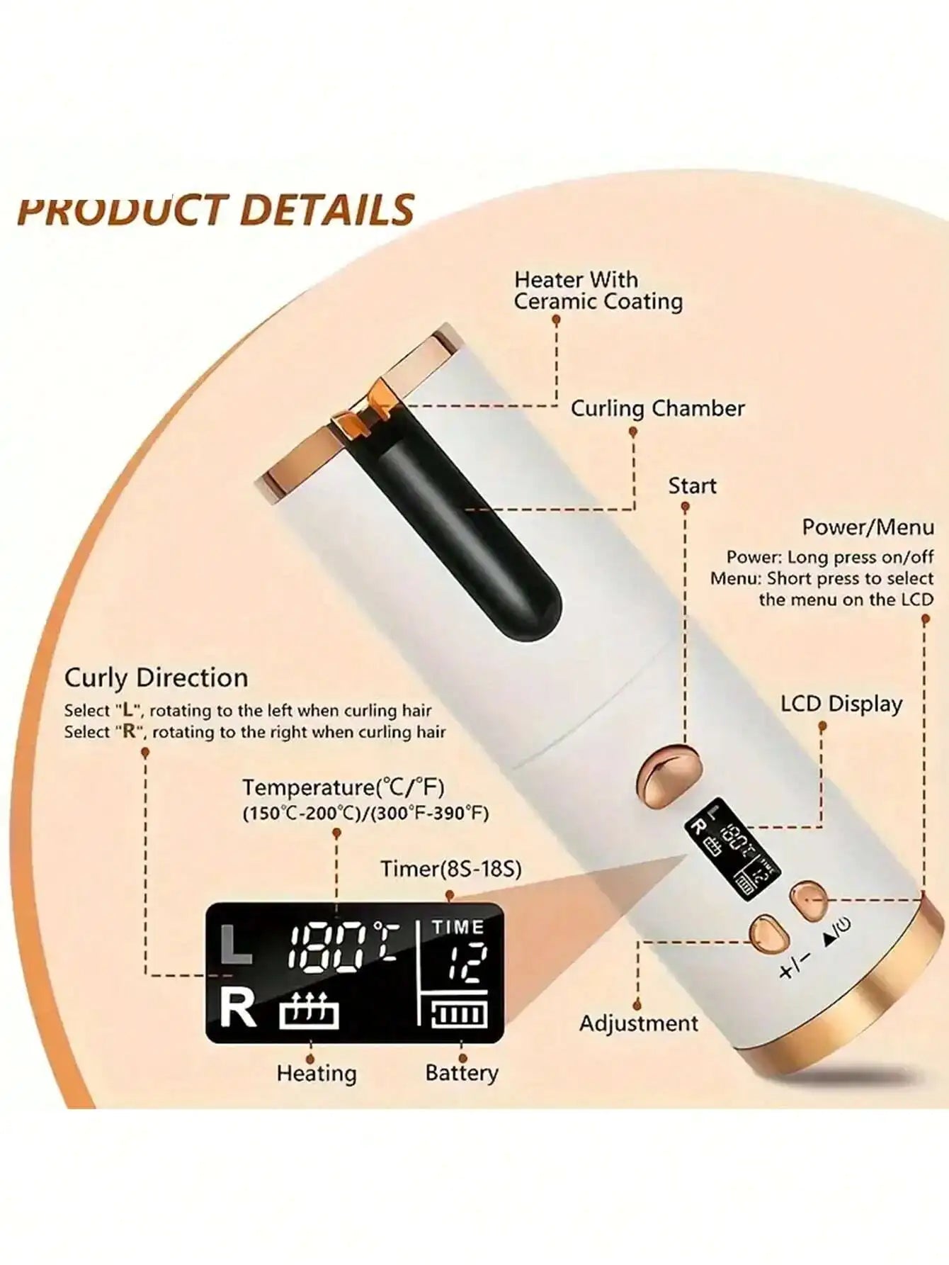 Cordless Automatic Hair Curler With Ceramic Rotating Barrel, 6 Temperature And Timer Settings, Portable And Rechargeable, Fast H