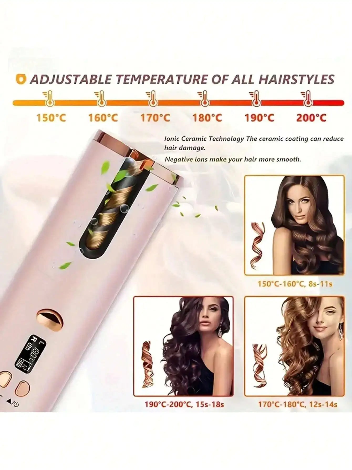 Cordless Automatic Hair Curler With Ceramic Rotating Barrel, 6 Temperature And Timer Settings, Portable And Rechargeable, Fast H